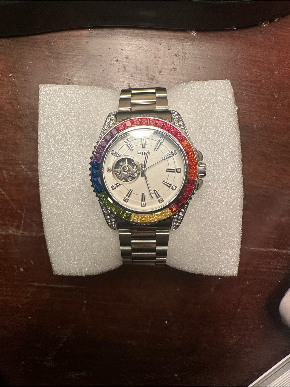 BiBi Silver Men's Watch with Rainbow Gem Bezel